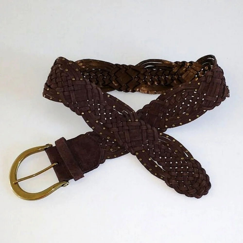 Coldwater Creek Brown Leather Braided Gold-Tone Metal Accented Wide Belt